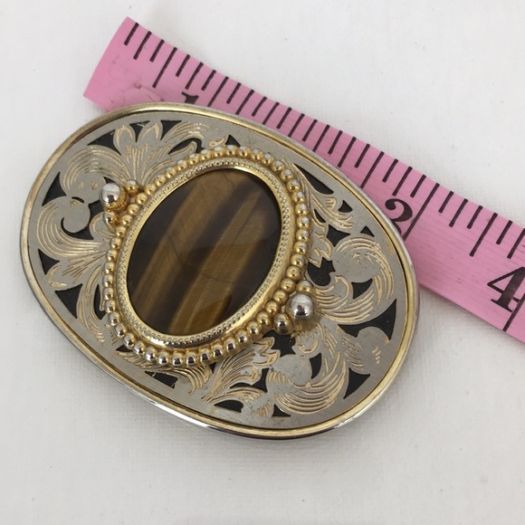 Tiger's Eye Western Style Belt Buckle Oval Gold Silver Filigree Finish Unisex - Picture 10 of 10
